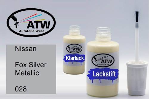 Nissan, Fox Silver Metallic, 028: 20ml Lackstift + 20ml Klarlack - Set, von ATW Autoteile West.